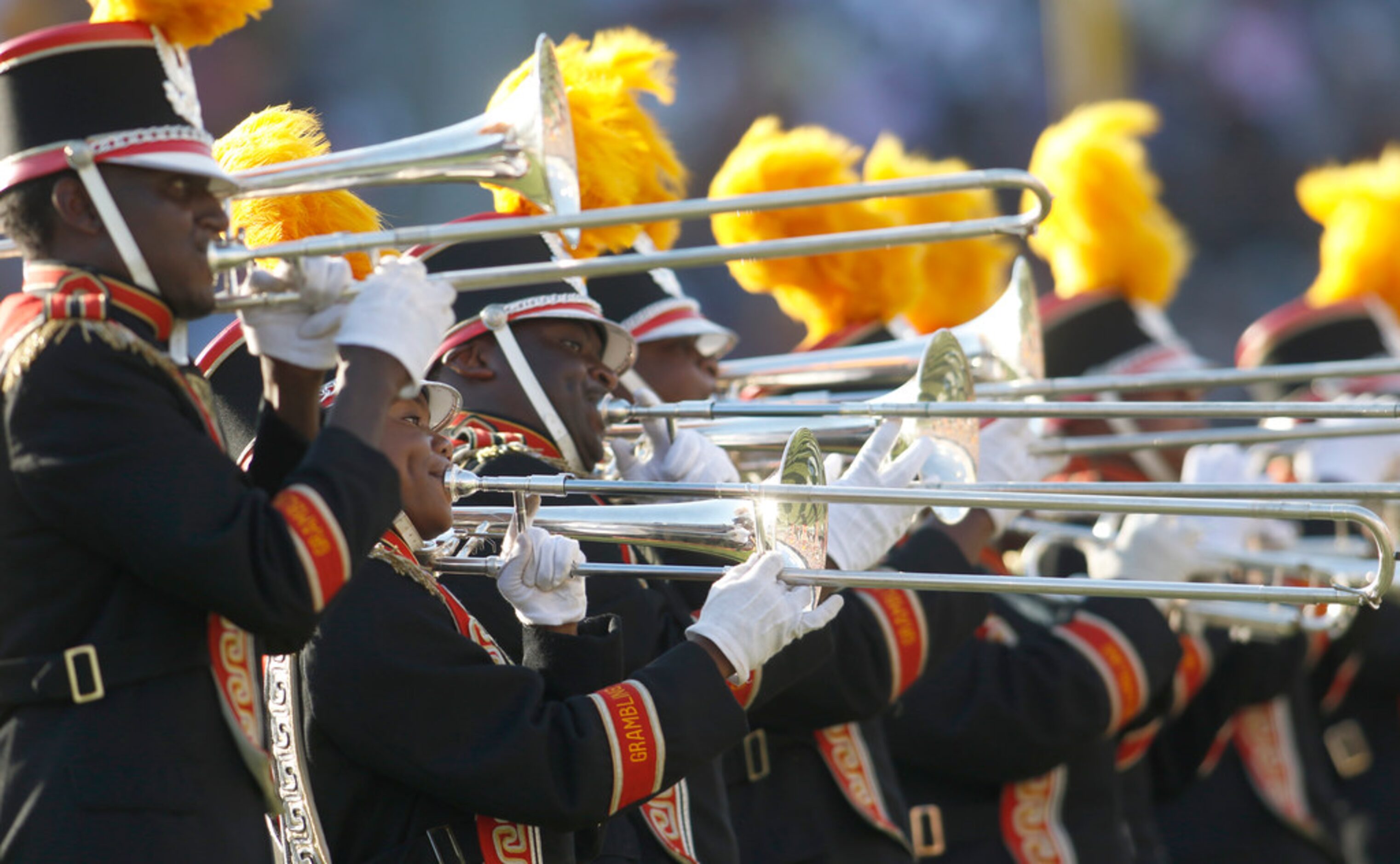 Members of the highly acclaimed Grambling State marching band perform at halftime of the...