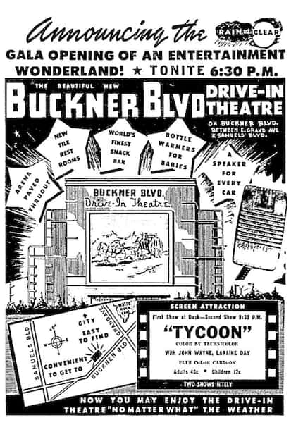 Buckner Boulevard Drive-In Theater's newspaper ad. 