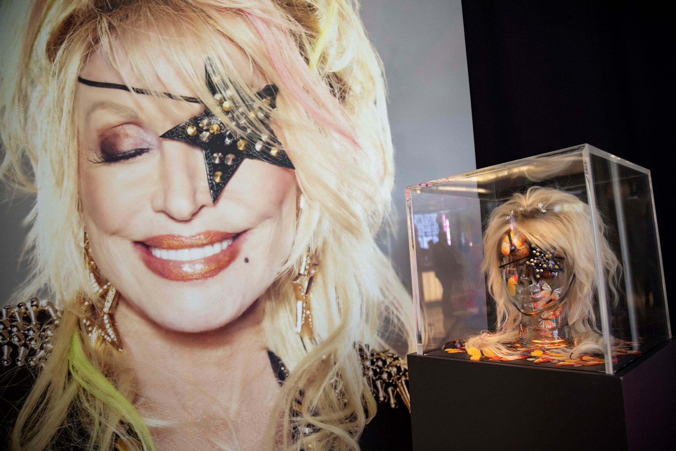 An eyepatch worn by Dolly Parton on display at her pop-up store during a media preview to...