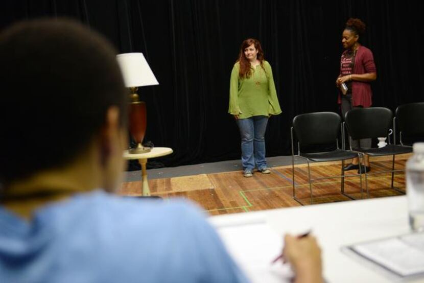 
Actresses (from left) Jessica Cavanagh and JuNene K act out a scene from "Good People"...