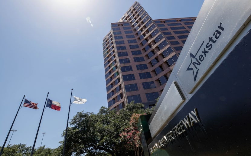 A Nexstar logo marks the company’s headquarters in Irving.