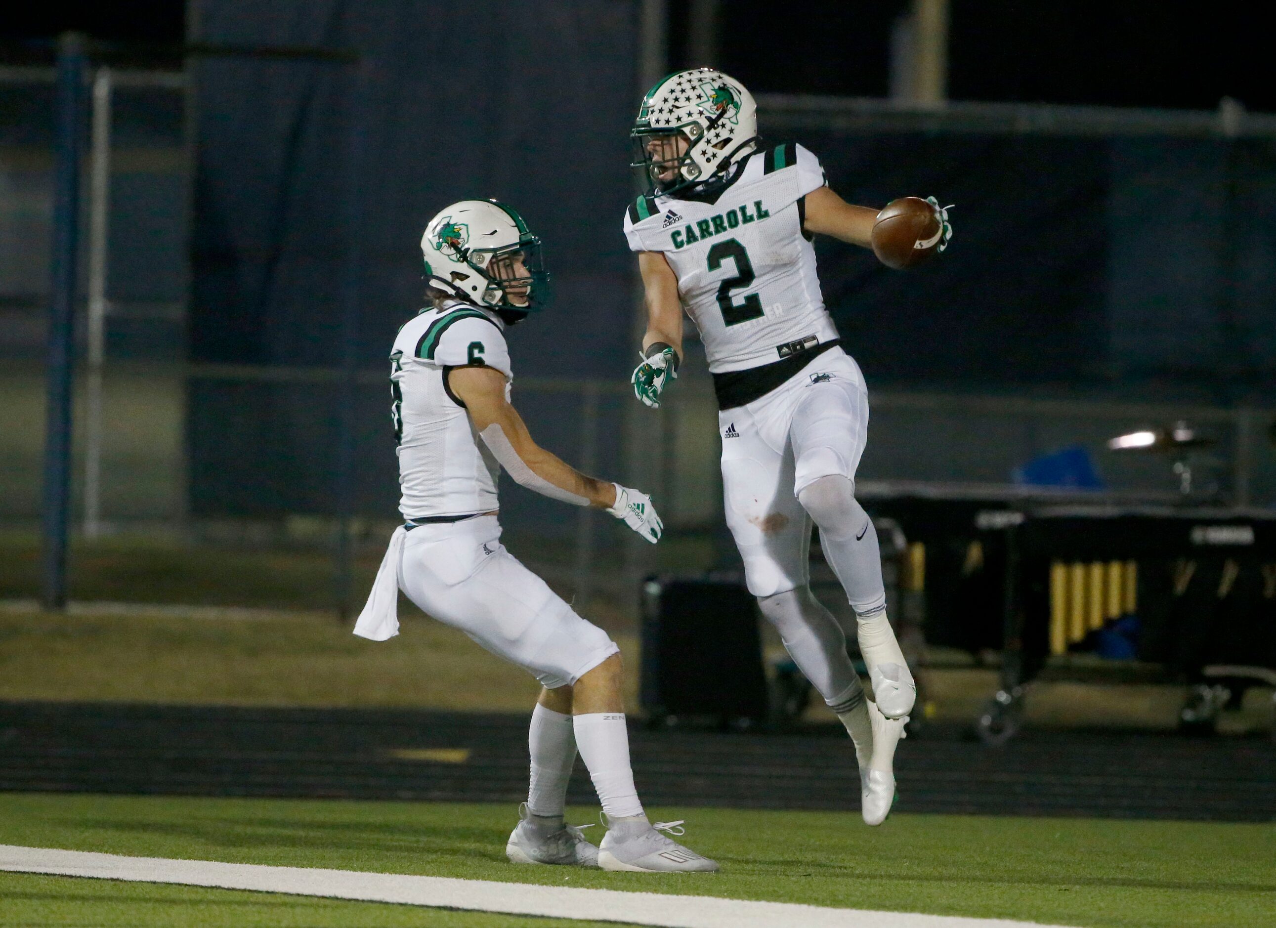 Southlake Carroll running back Owen Allen (2) celebrates his rushing touchdown against...