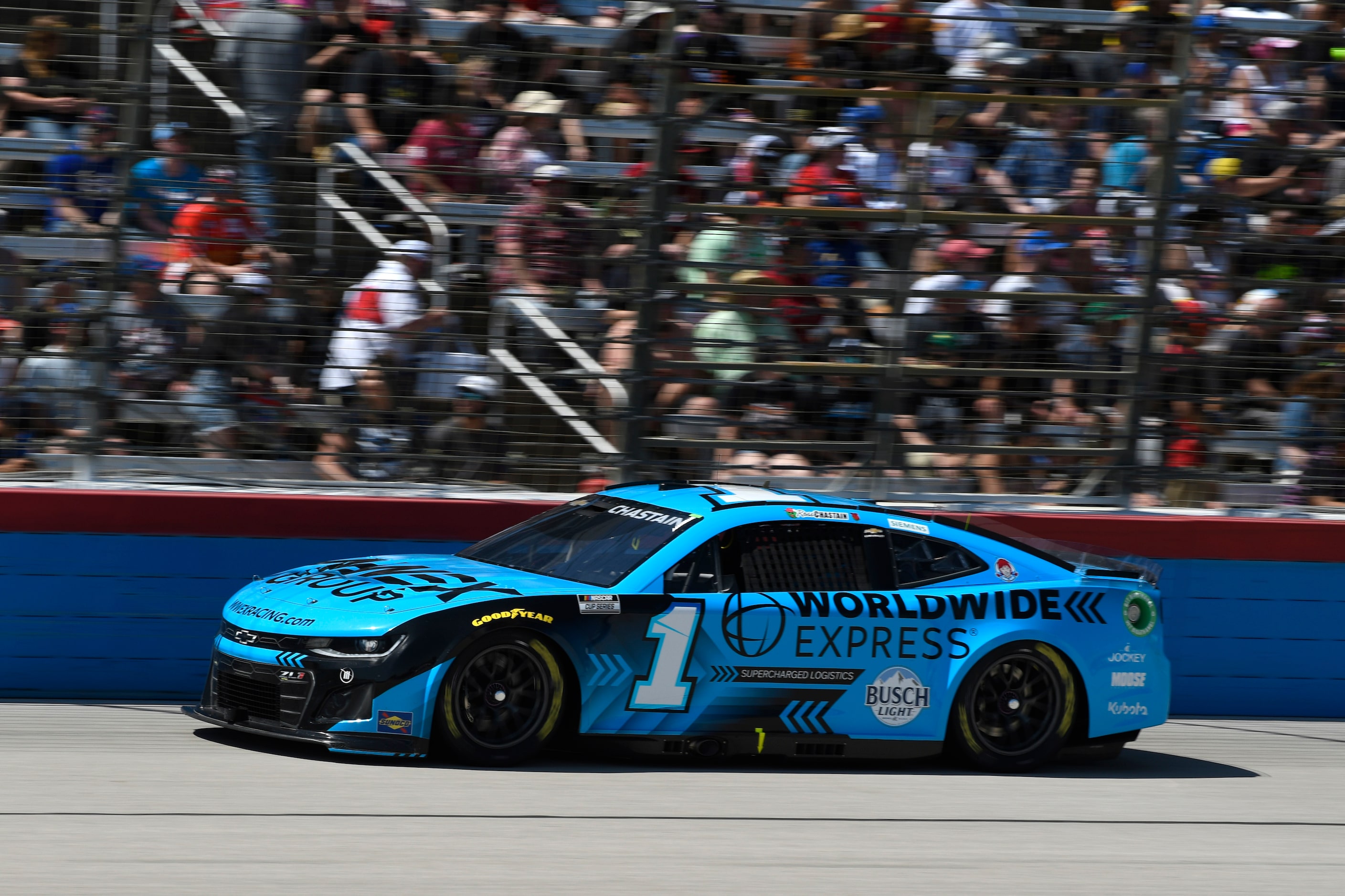 Ross Chastain (1) comes out of Turn 4 during a NASCAR Cup Series auto race at Texas Motor...