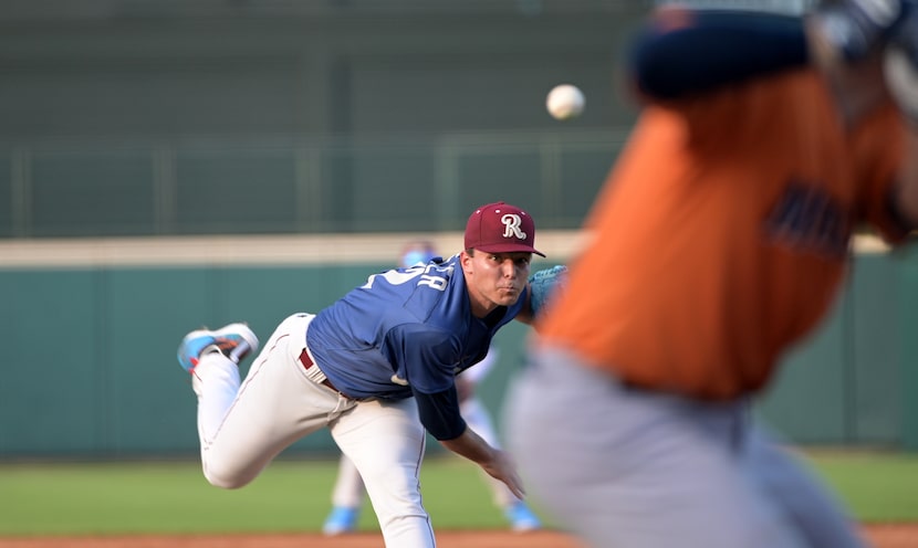 Frisco RoughRiders pitcher Jack Leiter (22) pitches during a minor league baseball game...