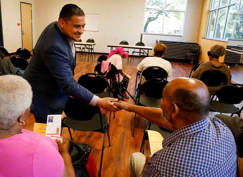 Council candidate Jaime Resendez greeted voters during a candidate forum on April 4.