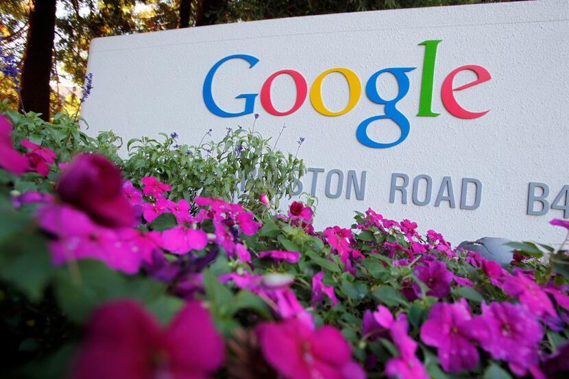 The Google logo is displayed outside Google headquarters in Mountain View, Calif. Google...