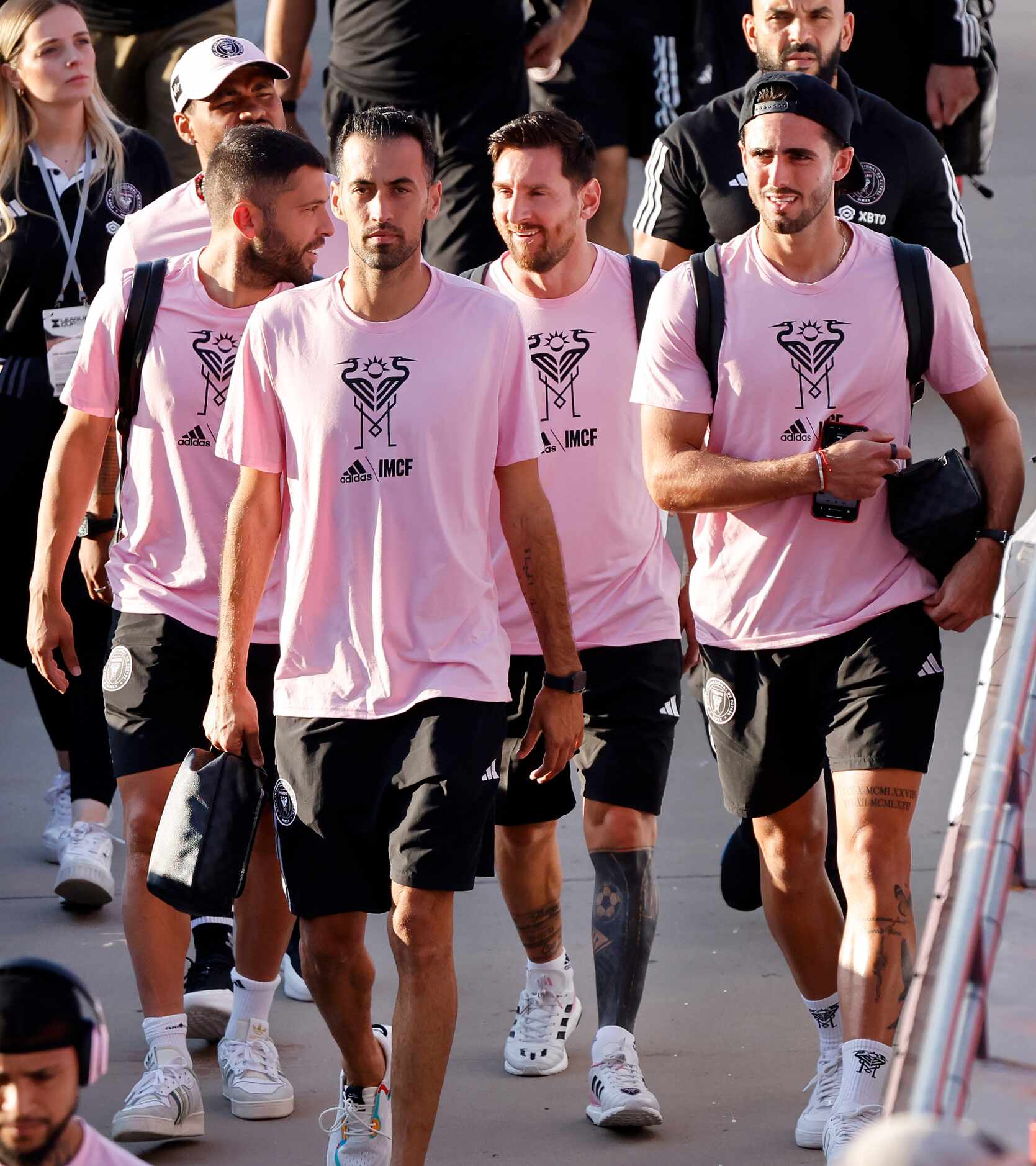 Inter Miami forward Lionel Messi (second from right) arrives with his teammates for a...