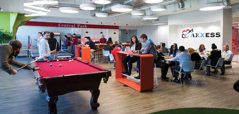 Axxess employees gather in a company break room called Central Park.