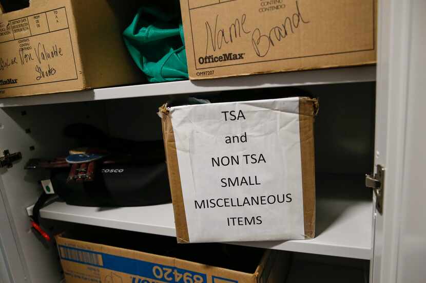 Items lined the shelves of the lost and found office at Dallas Love Field in June.