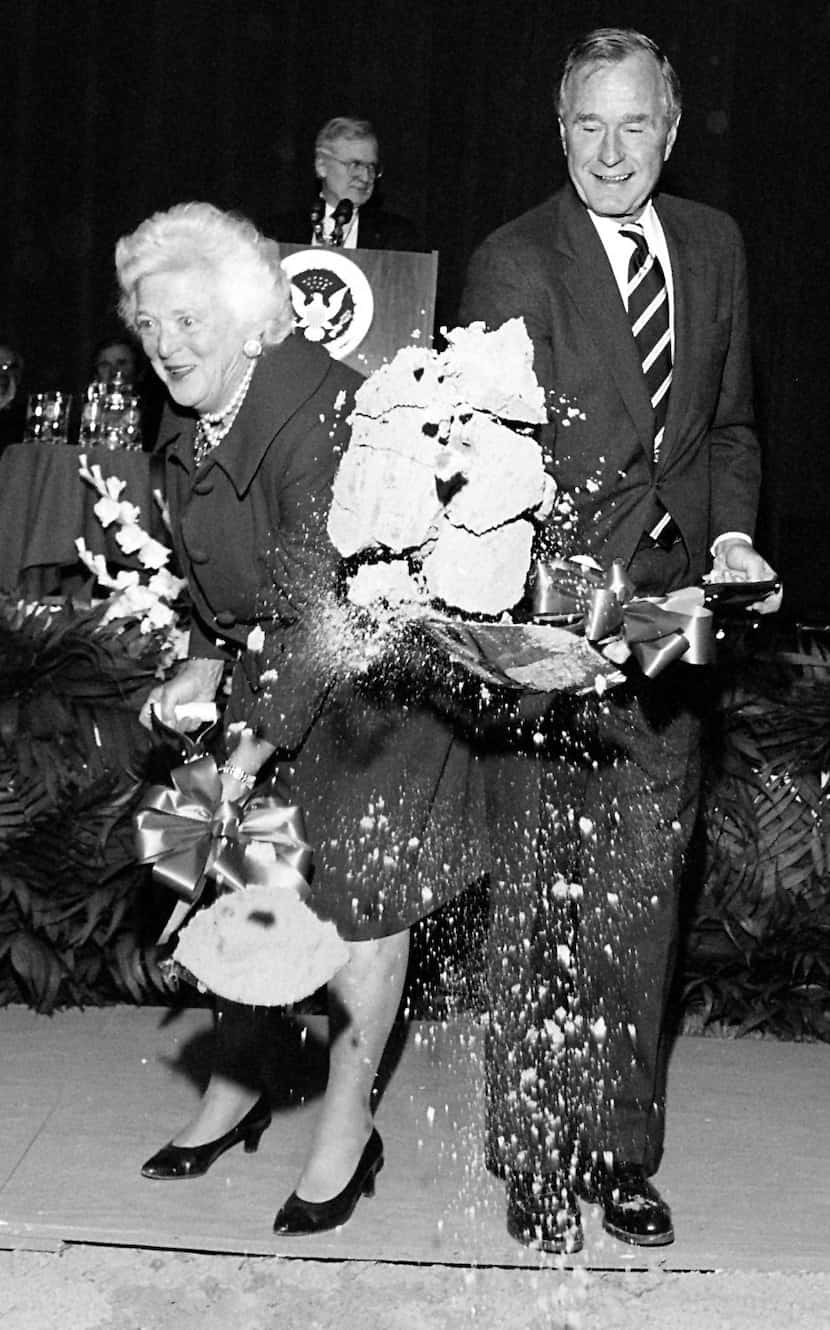 1994: Former President George Bush and first lady Barbara Bush take part in the...