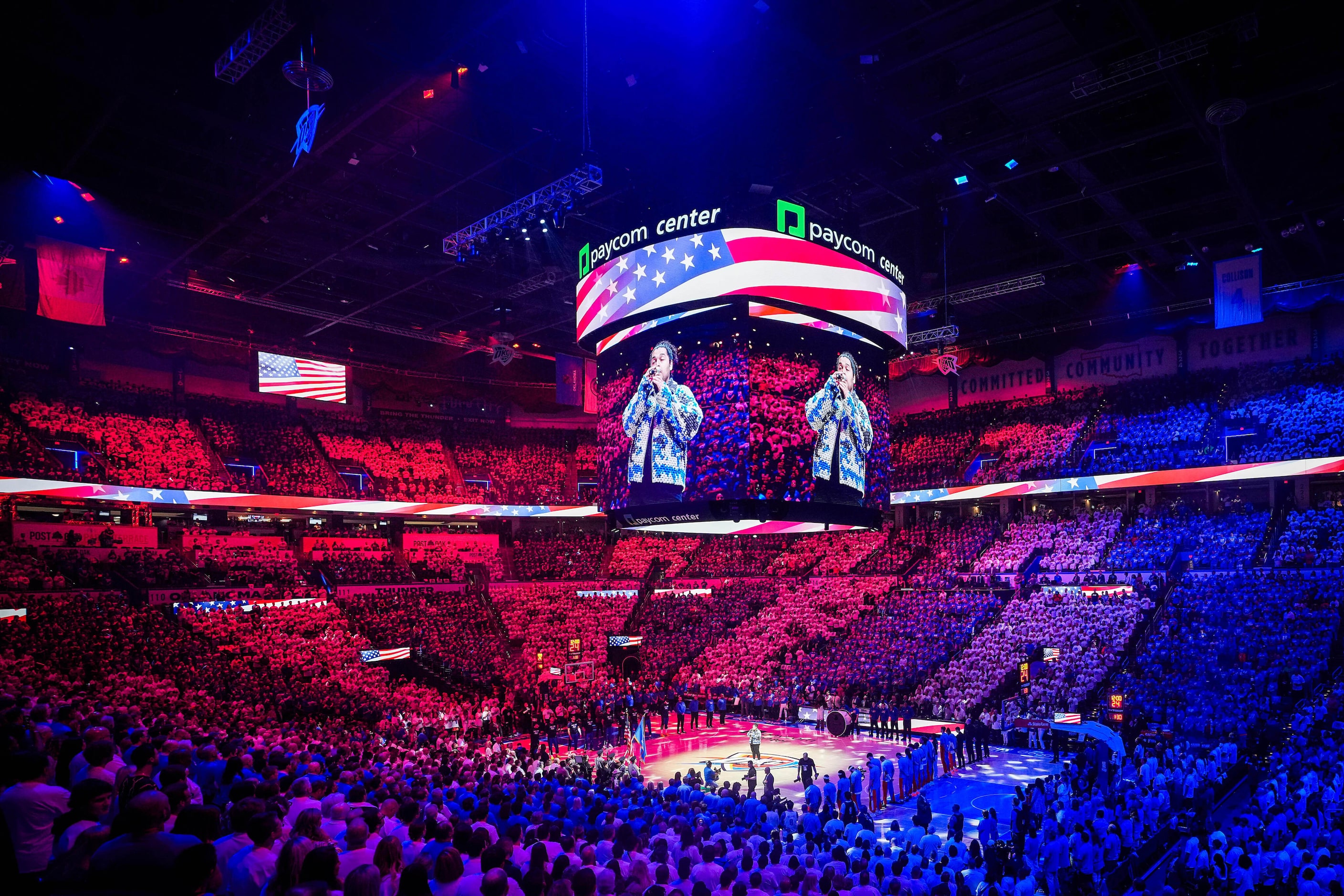 PJAE sings the national anthem before Game 1 of an NBA basketball second-round playoff...