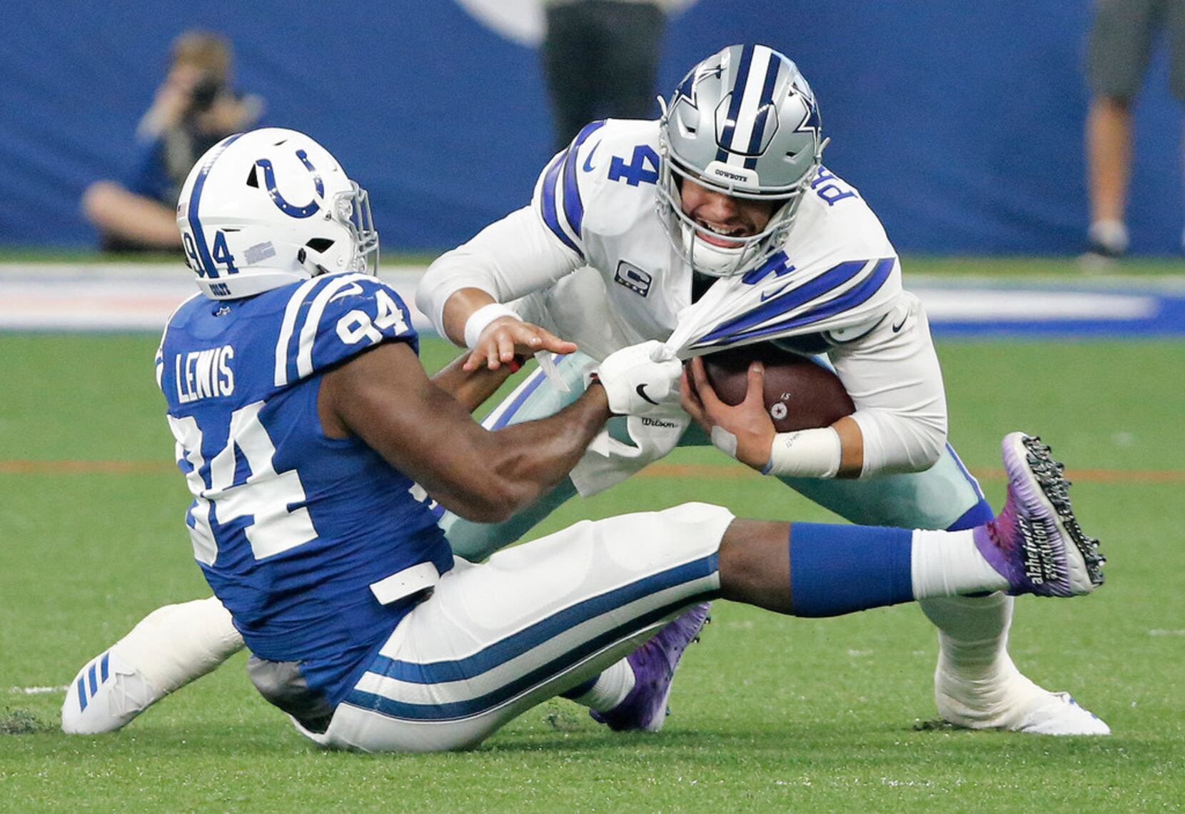 Indianapolis Colts defensive tackle Tyquan Lewis (94) warms up before an  NFL football game against the