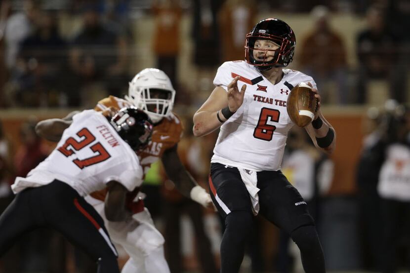 AUSTIN, TX - NOVEMBER 24:  McLane Carter #6 of the Texas Tech Red Raiders looks to pass as...