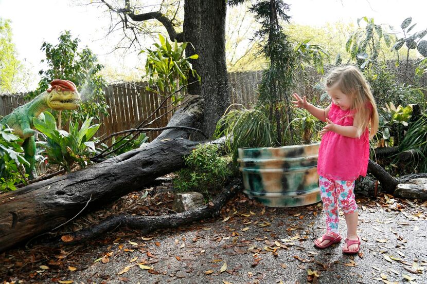 Avery Wall, 3,  of Richardson fended off a water-spray attack from an animatronic dinosaur...