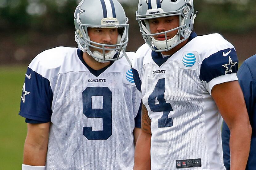 Dallas Cowboys quarterbacks Dak Prescott (4) and Tony Romo (9) practice at Ford Center at...