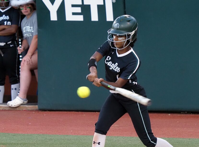 Mansfield Lake Ridge batter Paris Johnson hits the ball against Deer Park in the Class 6A...