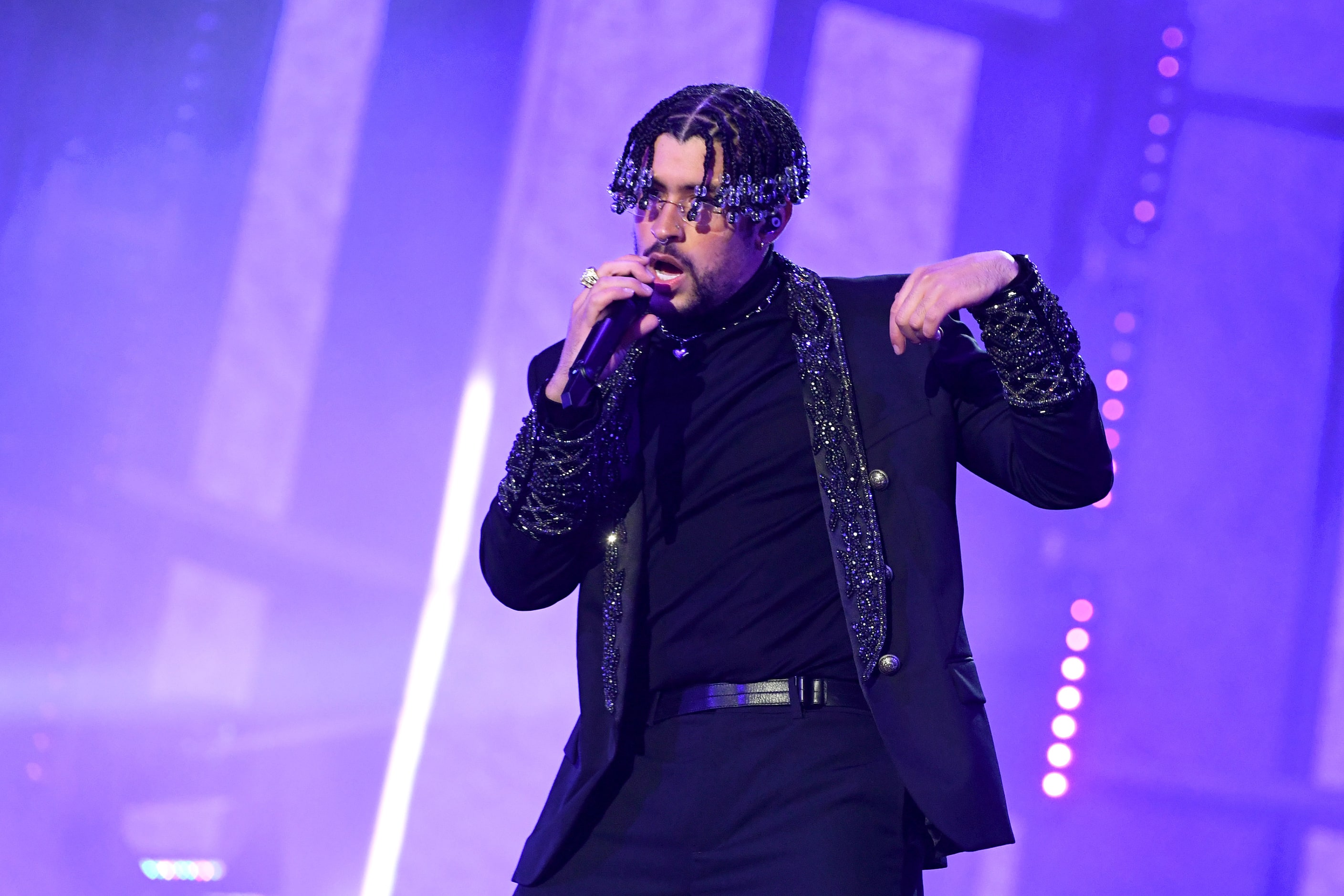 Bad Bunny performs at the 2020 Billboard Music Awards at the Dolby Theatre in Los Angeles.