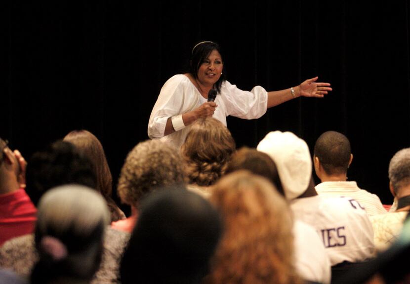 Actress Pam Grier speaks to fans during a 2010 event for her book Foxy at the South Dallas...