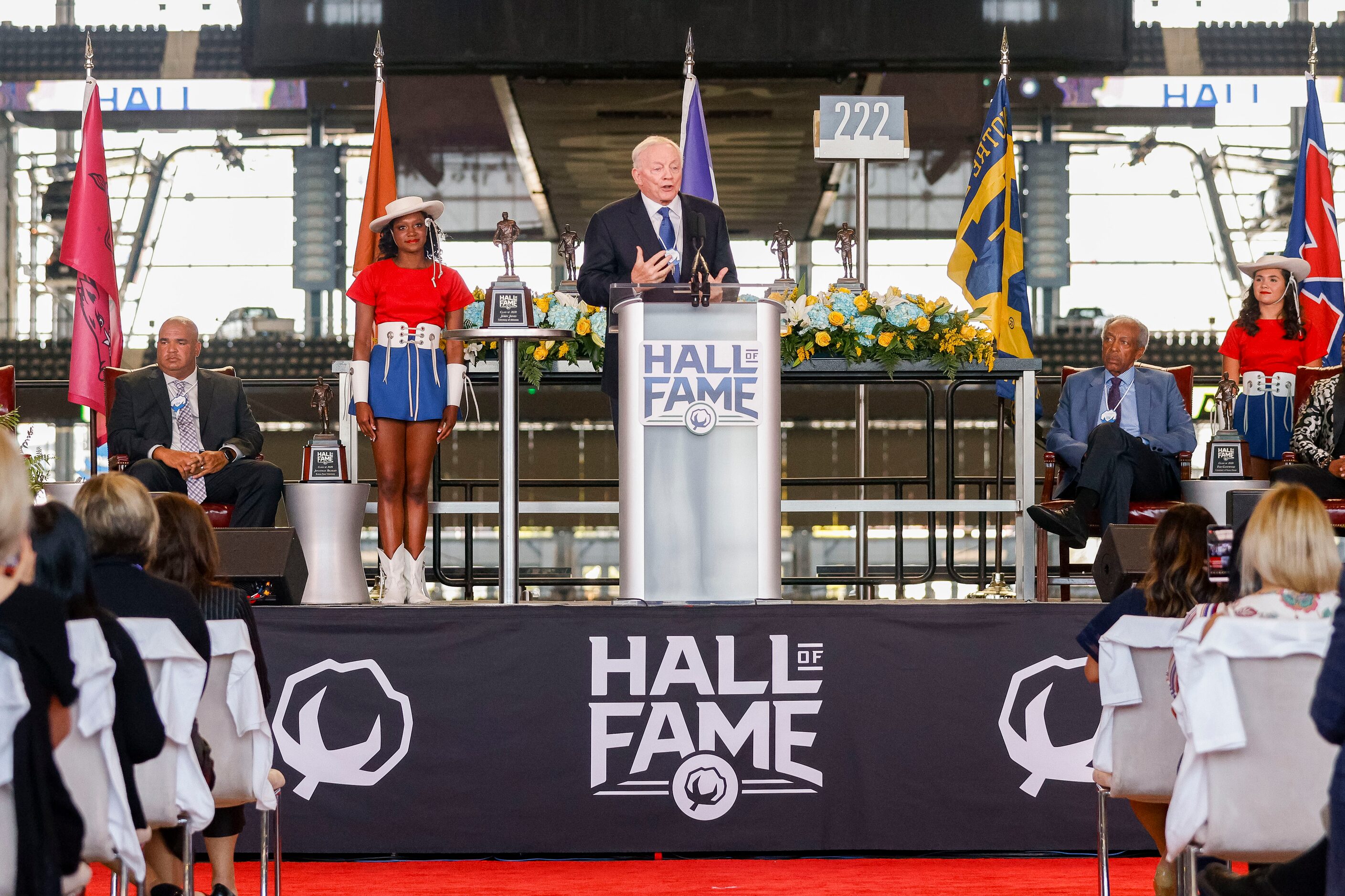 Dallas Cowboys owner Jerry Jones gives remarks during the Cotton Bowl Hall of Fame induction...