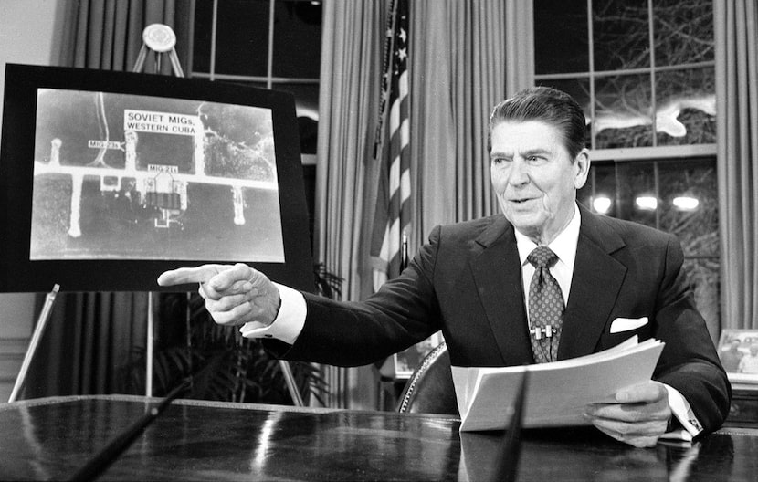 President Ronald Reagan addresses the nation on television March 23, 1983, from Washington,...