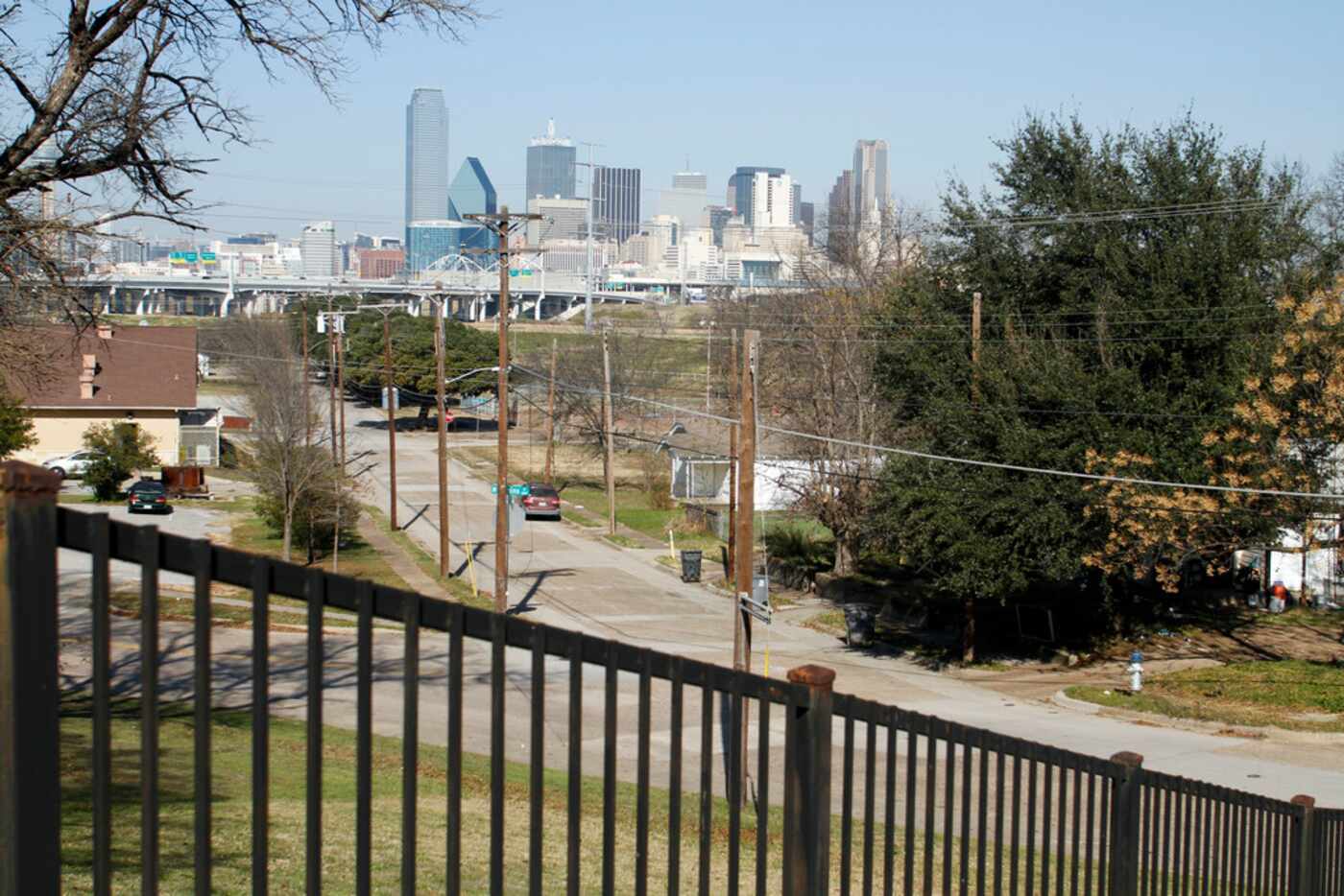 A view of downtown Dallas from North Cliff Street in The Bottom