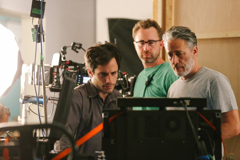 Gael Garc a Bernal, Michael Burke, Jon Stewart on the set of "Rosewater."