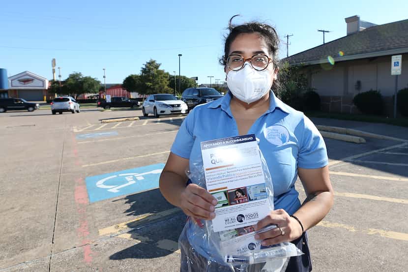 GRAND PRAIRIE, AUG 19: Vanessa Rodriguez of Dallas County Counts 2020 holds in hand  Census...