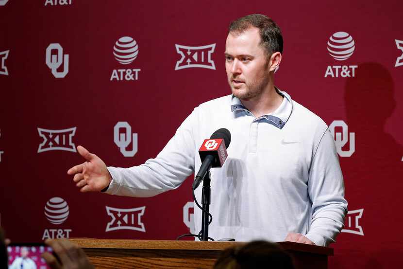 Oklahoma head coach Lincoln Riley speaks about his new coaching additions during an NCAA...