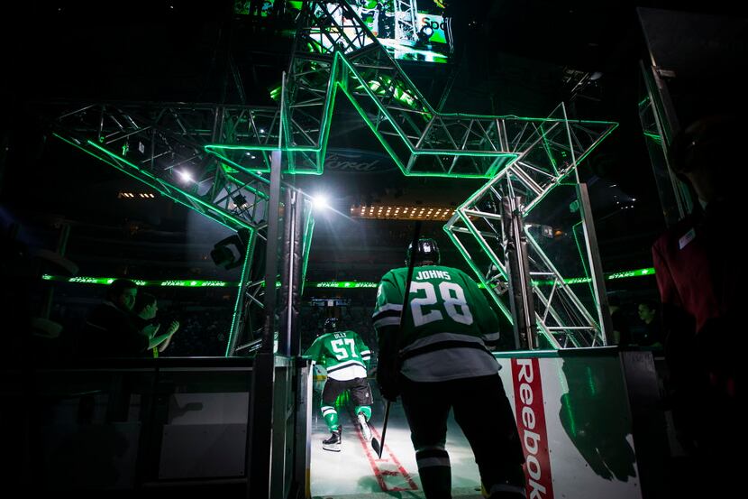 Dallas Stars left wing Cole Ully (57)  and defenseman Stephen Johns (28) take the ice for an...