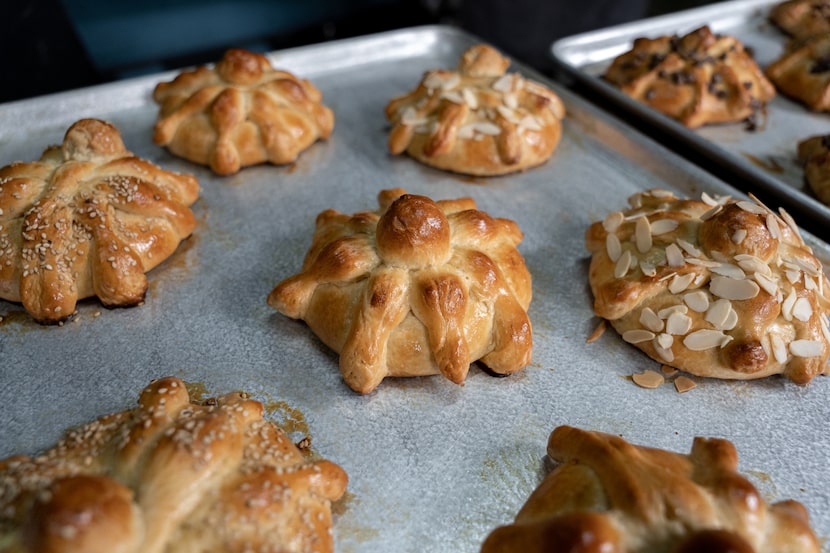 A fresh baked Day of the Dead bread. Concept of dia de muertos food.