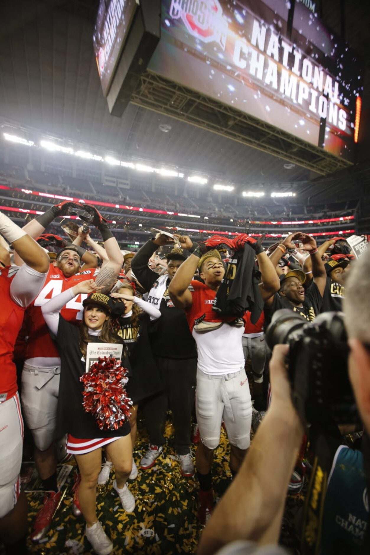 Ohio State Buckeyes players celebrate their victory in the College Football Playoff National...