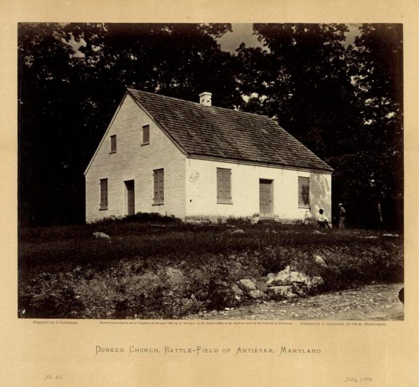 
“Dunker Church, Battle-field of Antietam, Maryland” by James Gardner (left) is a work dated...