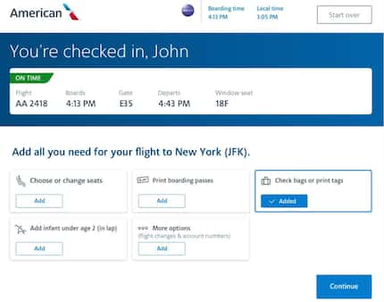 A screenshot of the check-in kiosk for American Airlines