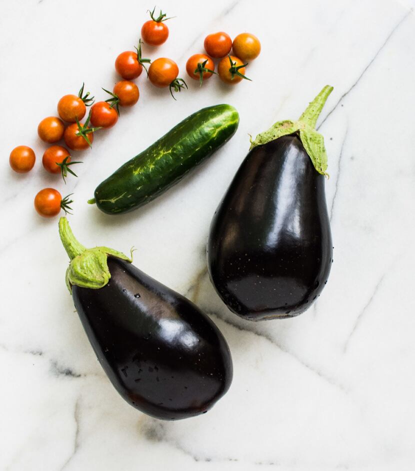 Eggplant, cucumbers and tomatoes
