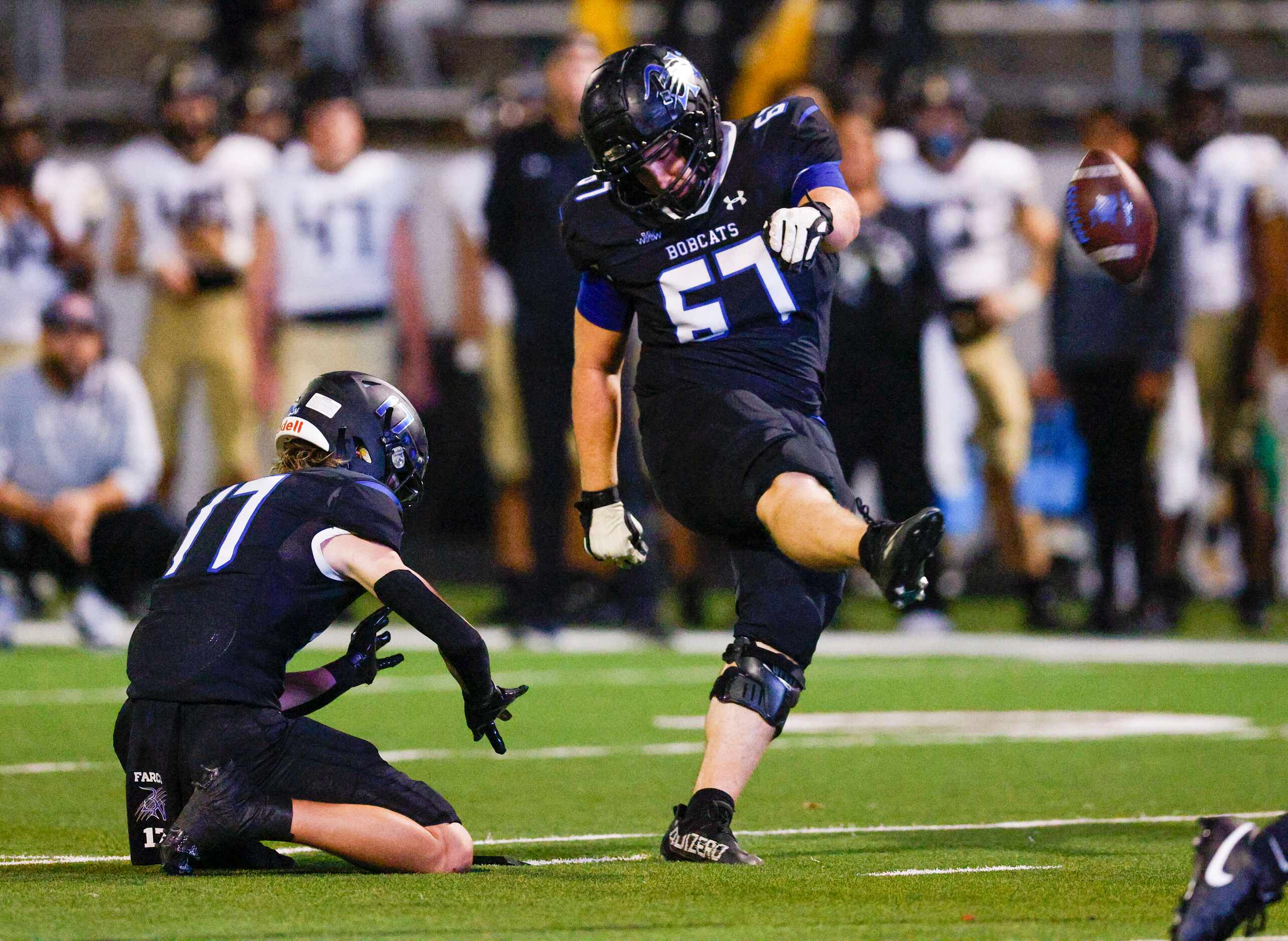 Trophy Club Byron Nelson kicker Justin Bequette (67) converts on a field goal attempt as...