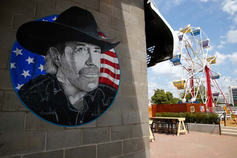 A painting of Chuck Norris in the backyard patio at Ferris Wheelers Backyard & BBQ in Dallas...
