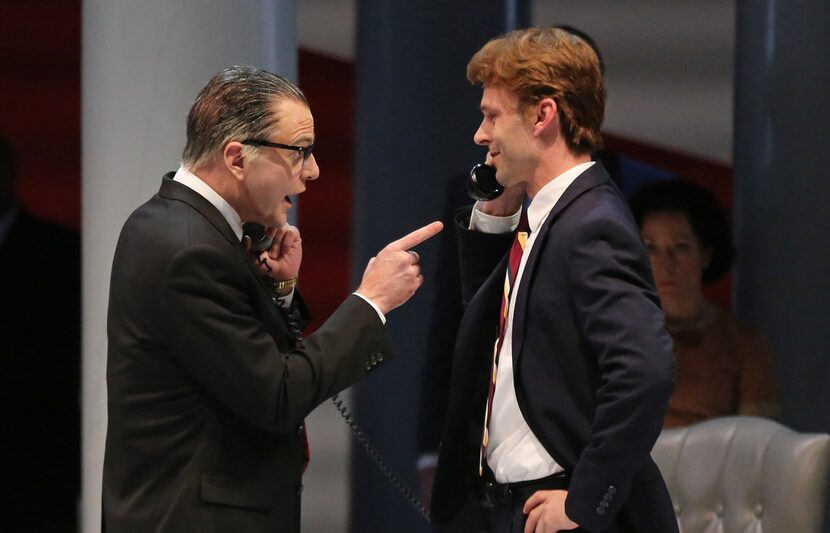 Brandon Potter as President Lyndon B. Johnson (left) talks with Jay Sullivan as Sen. Robert...