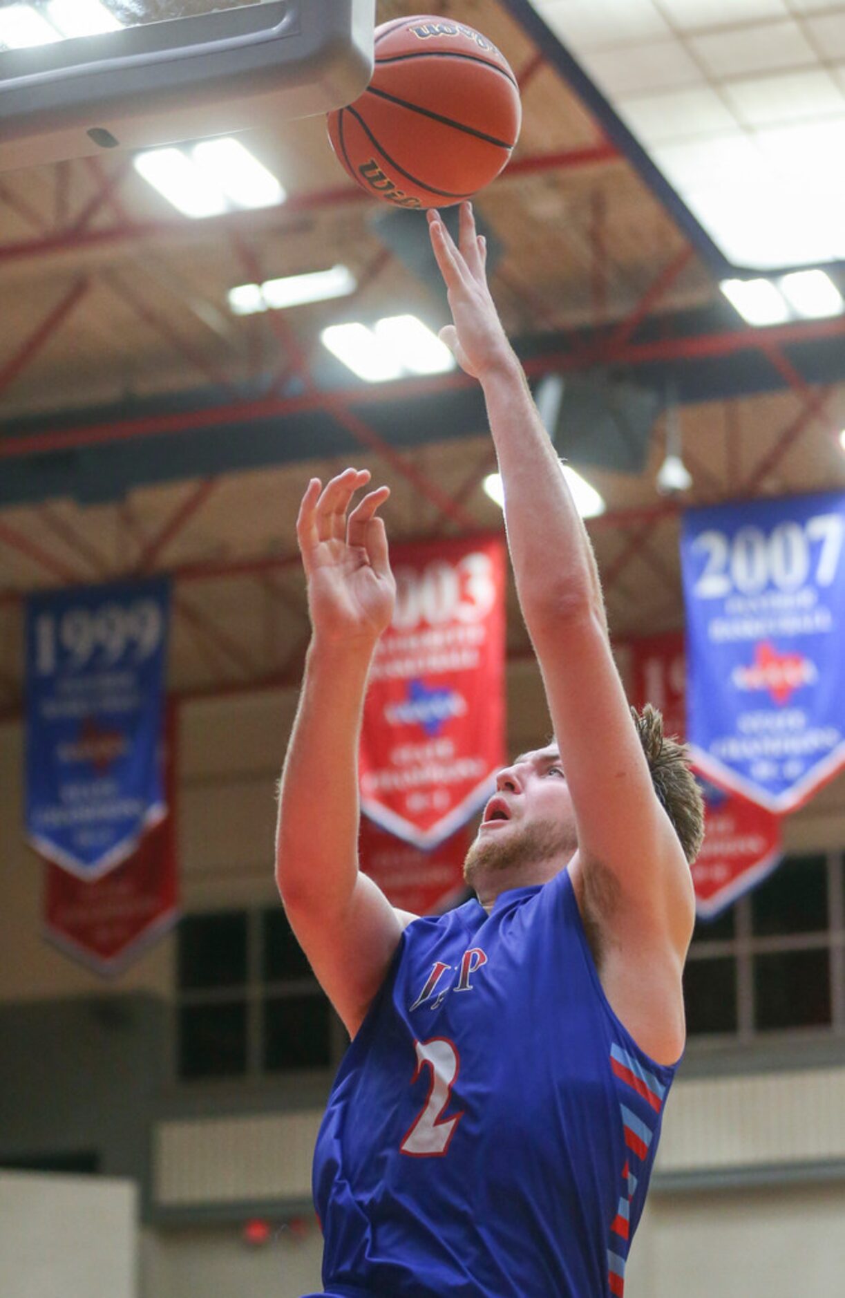 J. J. Pearce forward Drew Timme (2) goes up for two against Duncanville during a high school...