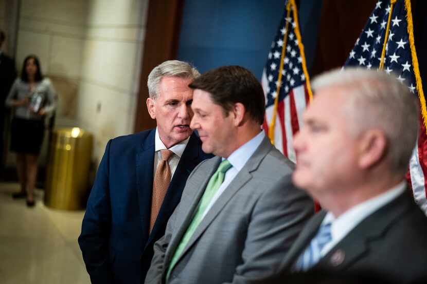 House Speaker Kevin McCarthy speaks with House Budget Committee Chairman Jodey Arrington...