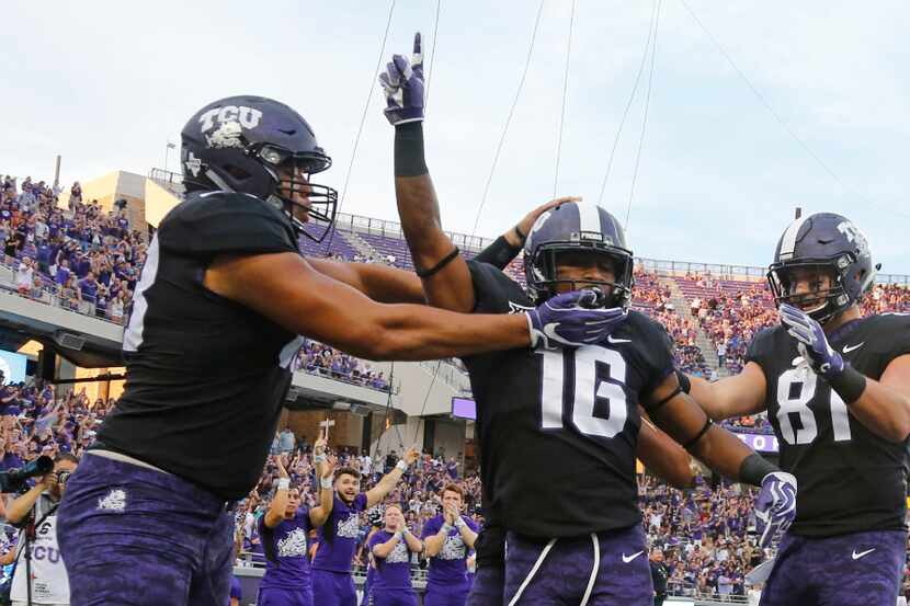 TCU running back Kenedy Snell (16) celebrates his touchdown during the first quarter against...