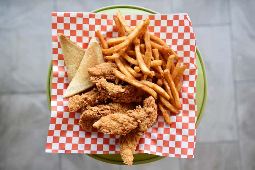 An order of chicken tenders, fries and toast from Mike's Chicken on Maple Avenue in Dallas