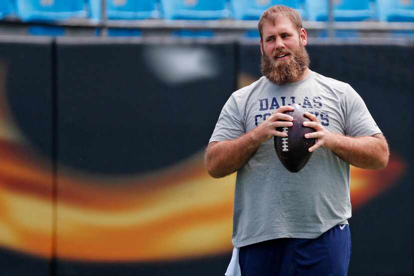 Injured Dallas Cowboys center Travis Frederick is pictured before the Dallas Cowboys vs. the...
