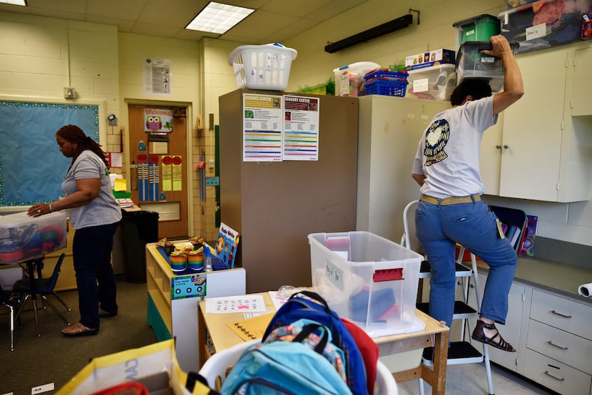 Pre-kindergarten teachers Christeen Clark (left) and Sandy Saucier prepared their shared...