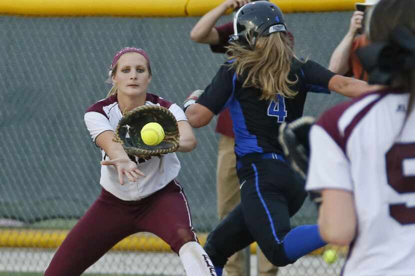 Plano West Kelsey Vining (4) is called out at first on a grounder as Plano High first...