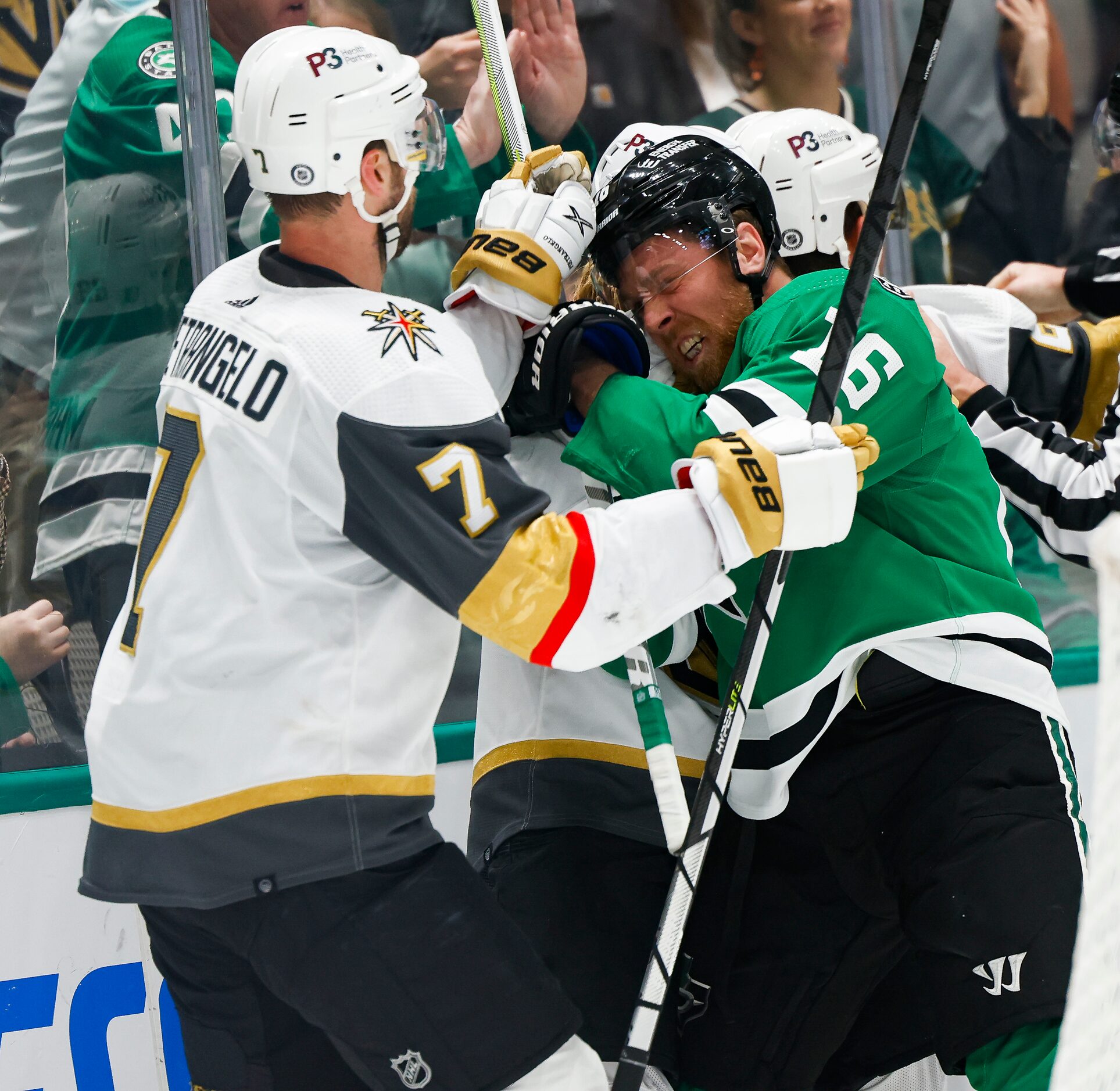 Players including Dallas Stars center Joe Pavelski (16) and Vegas Golden Knights defenseman...