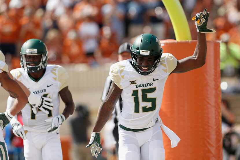 AUSTIN, TX - OCTOBER 13:  Denzel Mims #15 of the Baylor Bears celebrates after a touchdown...