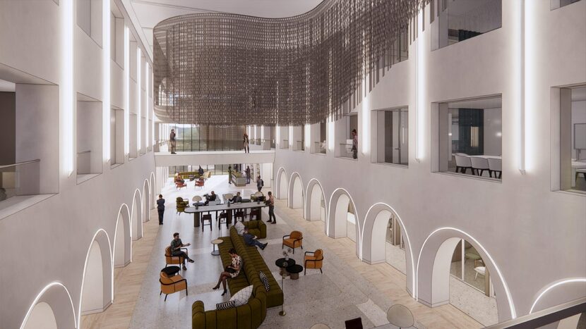 An illustration of an interior common area of the future Neiman Marcus corporate office in...