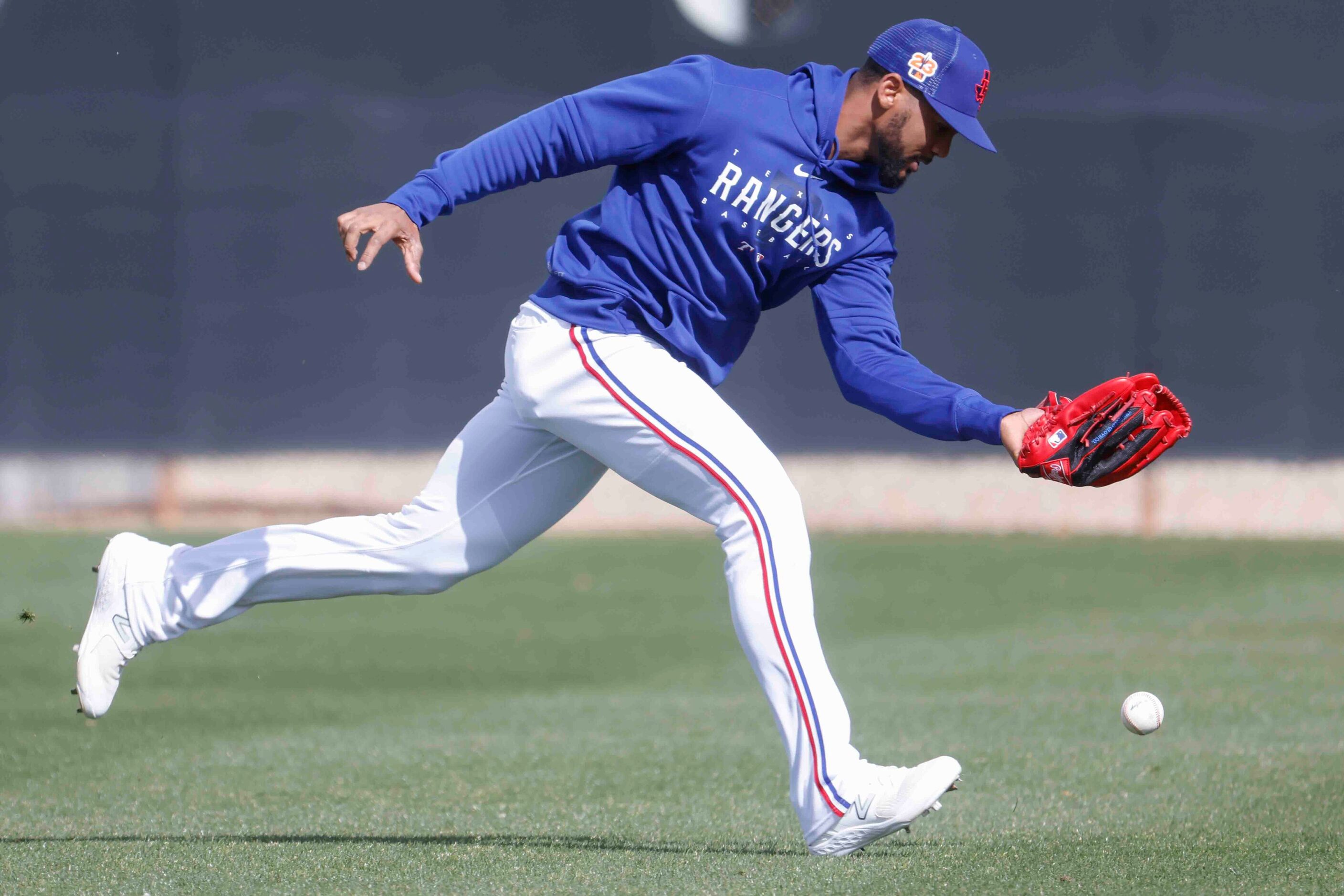 Texas Rangers infielder Marcus Semien drops the ball during a drill at a spring training...