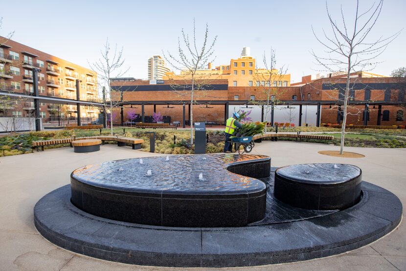 The water feature at the West End Square park in Dallas.