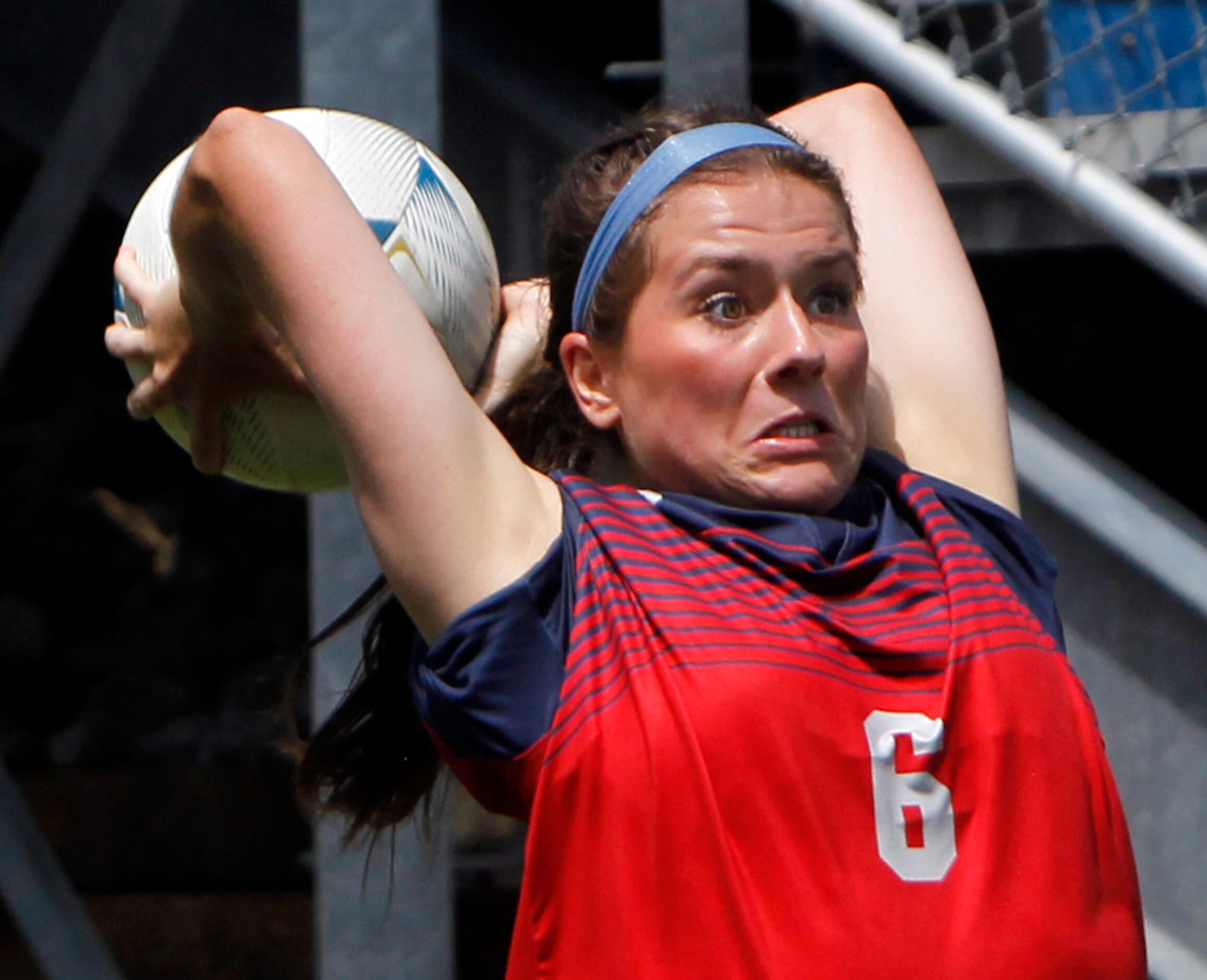 Grapevine defender Samantha Lumpkin (6) reaches back before making an in bound pass during...